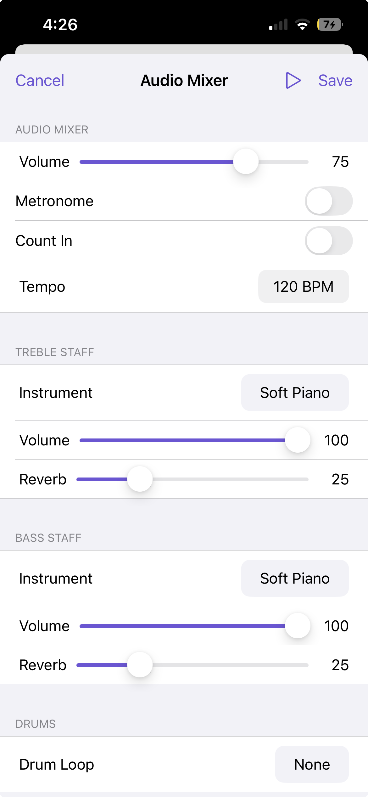 Current modular mixer UI in MusicSketch