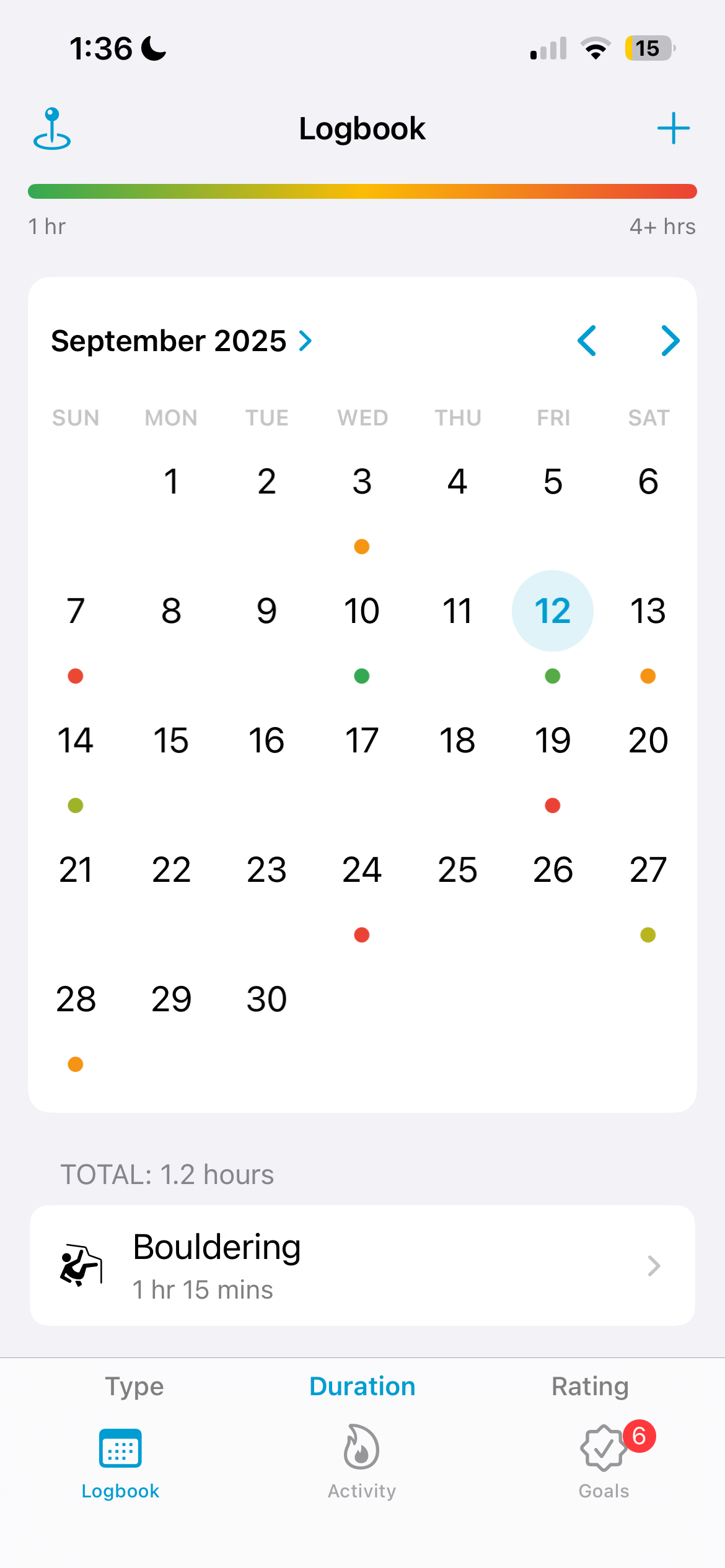 Peak logbook screen with calendar and colored session dots
