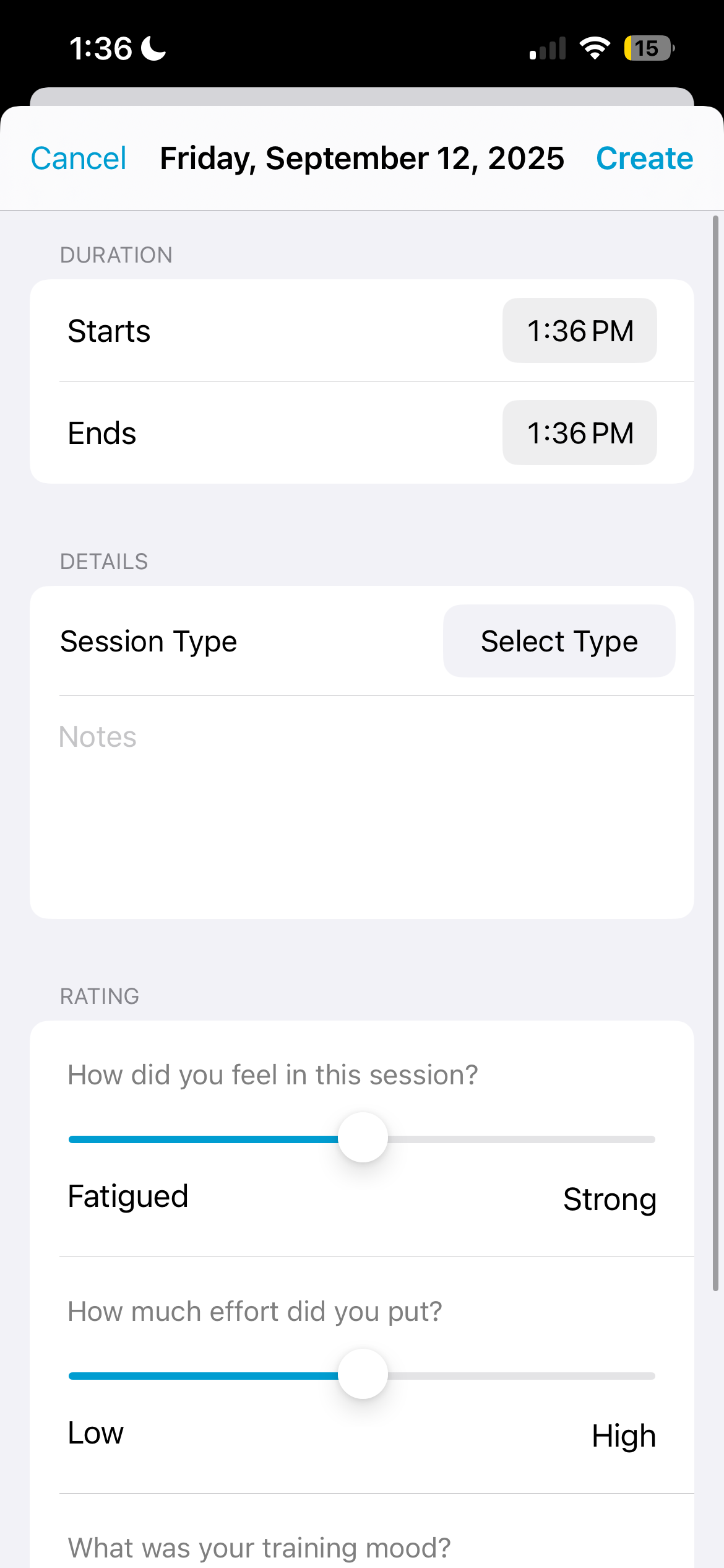 Peak Add Session form with sliders