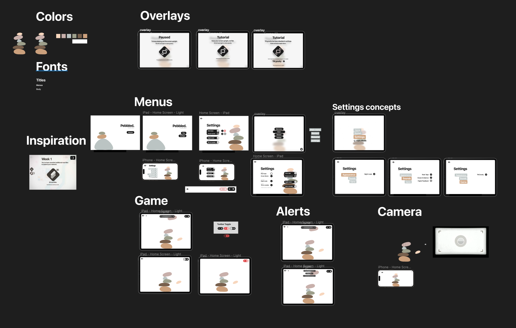 Figma board I used to plan colors, overlays, menus, game screens, and other UI components